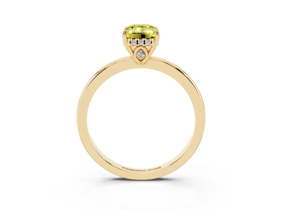 Fancy Yellow Emerald Cut Solitaire Diamond Ring with Prong Setting and Plain Band Yellow gold