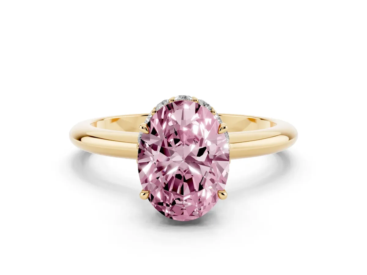 Fancy Pink Oval Cut Brilliant Solitaire Engagement Ring with Six-Prong Setting and Classic Band Yellow gold