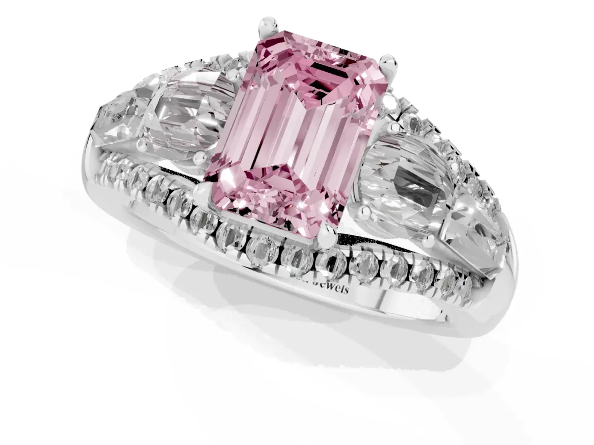 Fancy Pink Three-Stone Emerald Cut Diamond Engagement Ring with Pave Band and Prong Setting Silver