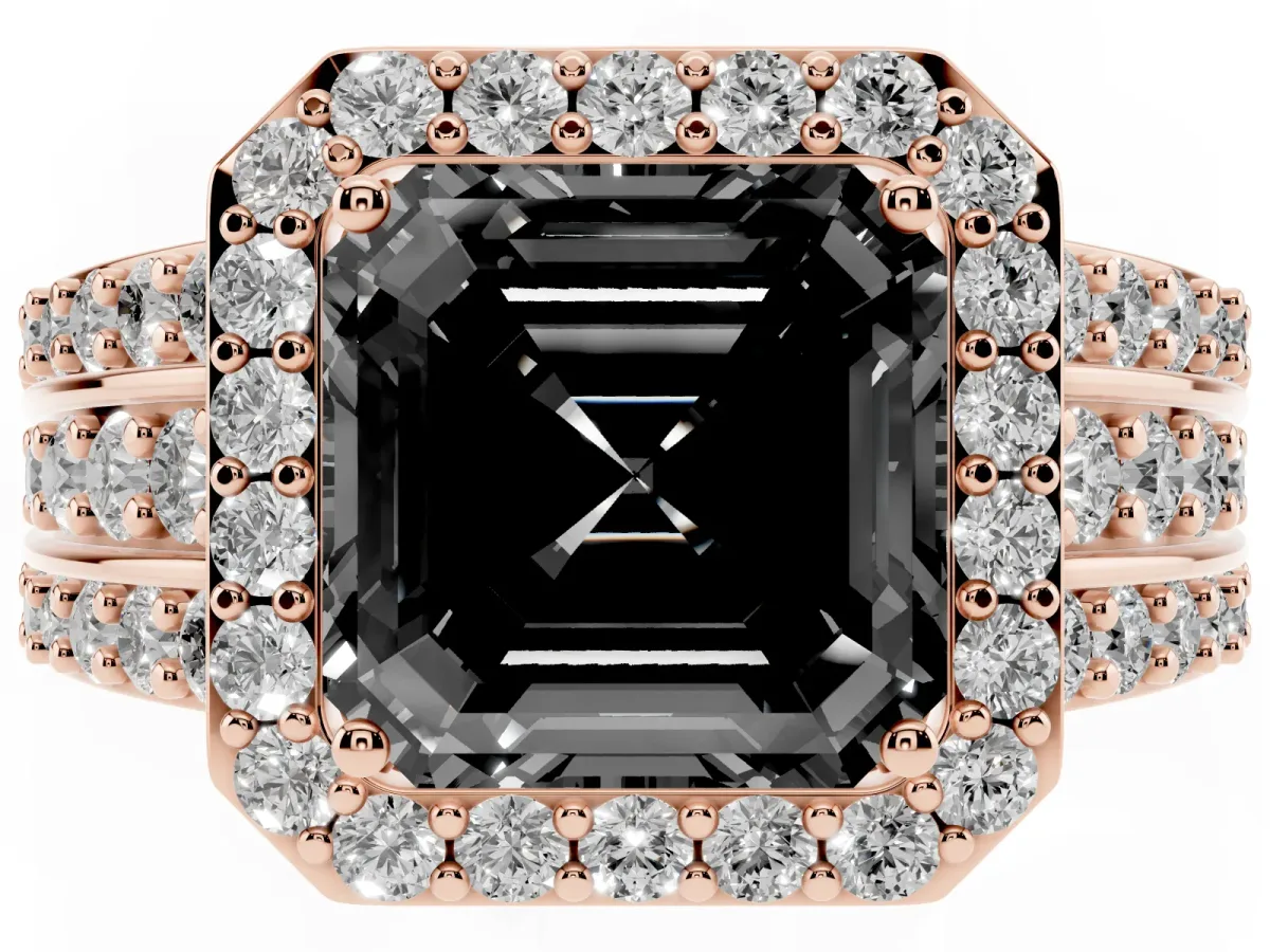 Fancy Black Asscher Cut Halo Diamond Ring with Round Split Shank and Prong Setting Rose gold