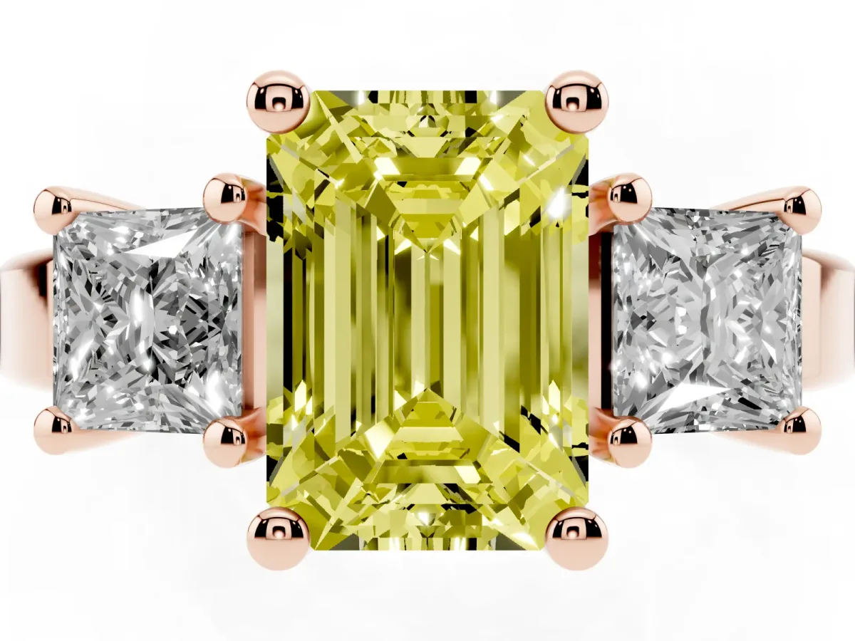 Fancy Yellow Three-Stone Emerald Cut Cut Solitaire Ring with Prong Setting Rose gold