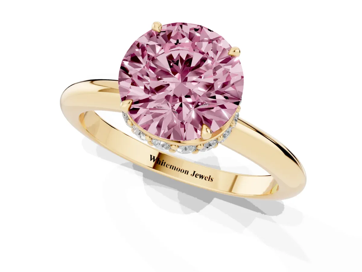Fancy Pink Round Cut Brilliant Solitaire Engagement Ring with Six-Prong Setting and Classic Band Yellow gold