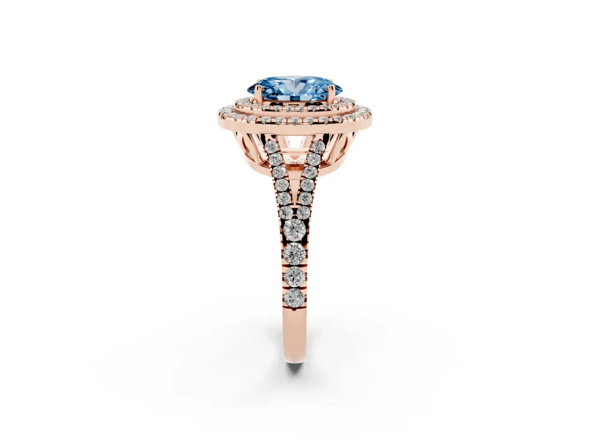 Fancy Blue Oval Cut Diamond Double Halo Ring with Pavé Band and Prong Setting Rose gold