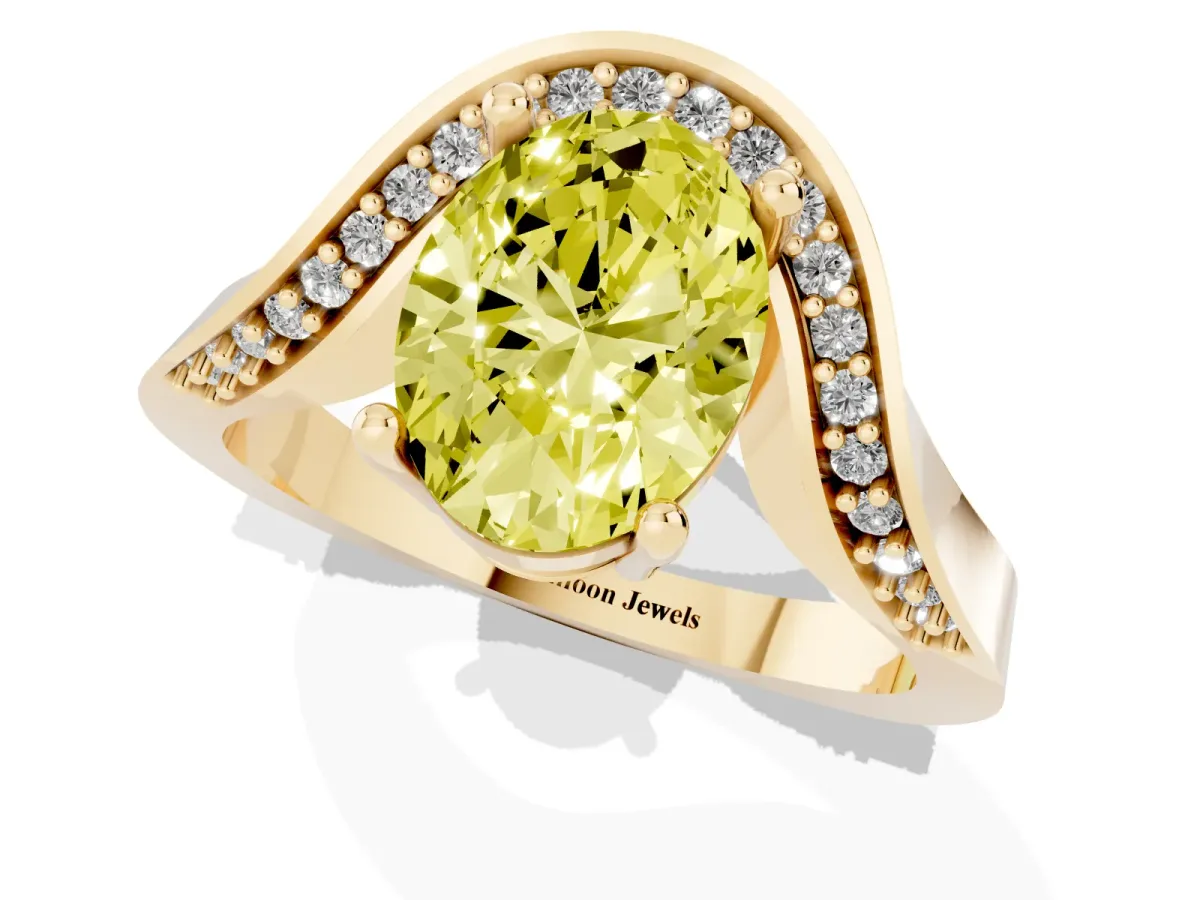 Fancy Yellow Oval Cut Solitaire Diamond Engagement Ring with Pave Band and Four-Prong Setting Yellow gold