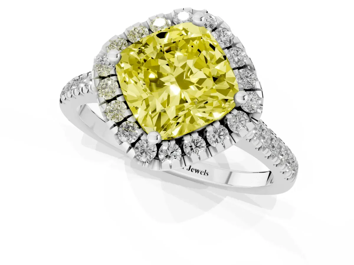 Fancy Yellow Cushion Cut Diamond Cushion Halo Ring with Pavé Band Silver