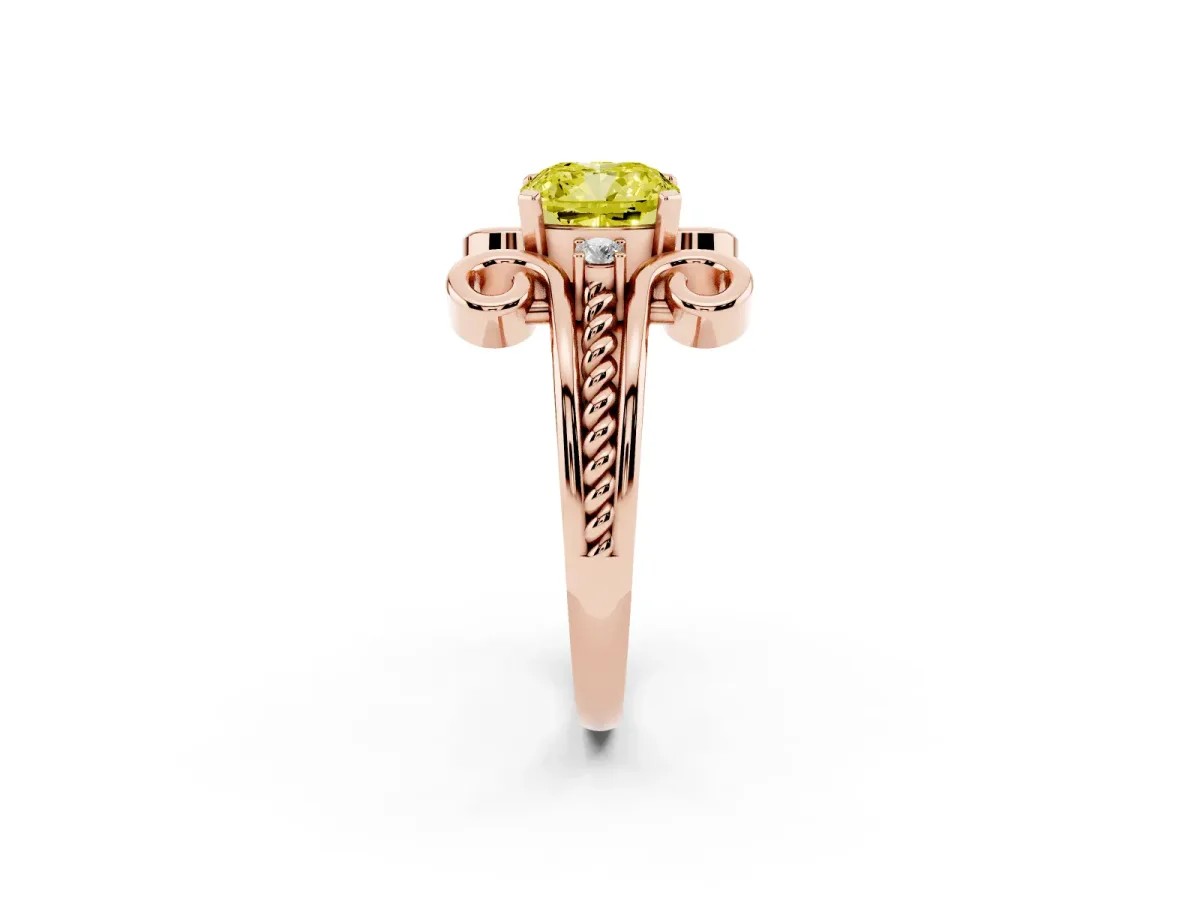 Fancy Yellow Cushion Cut Solitaire Twisted Band Scroll Prong Ring Rose gold
