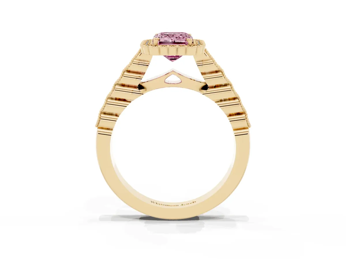 Fancy Pink Emerald Cut Cut Halo Pavé Solitaire Ring with Milgrain Band Yellow gold