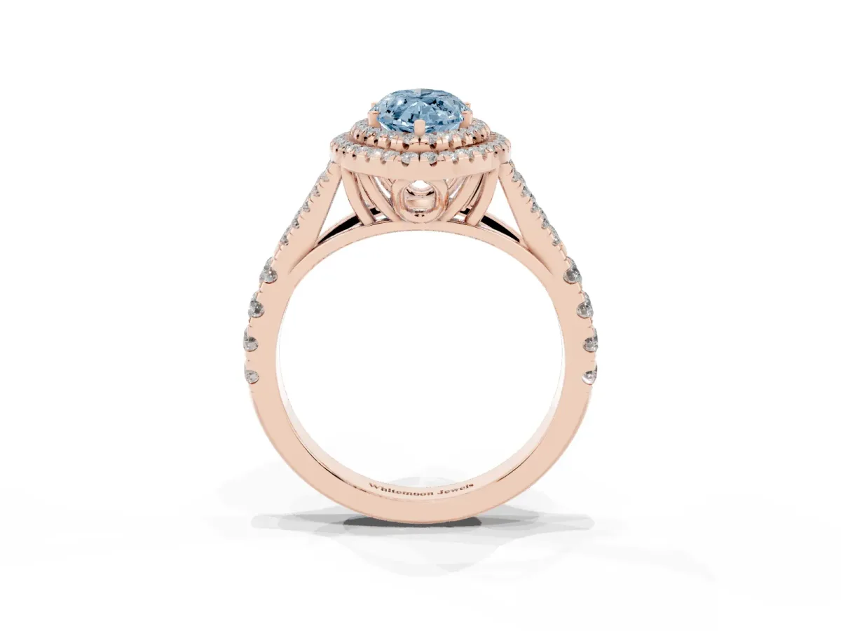 Fancy Blue Marquise Cut Cut Double Halo Split Shank Diamond Ring with Prong Setting Rose gold