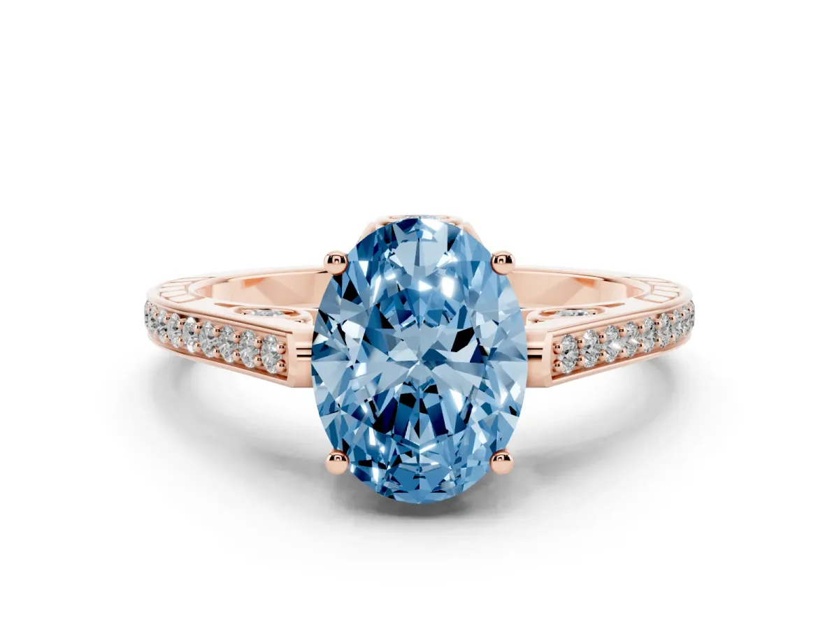 Fancy Blue Oval Cut Cut Cathedral Pave Diamond Engagement Ring with Six-Prong Setting Rose gold