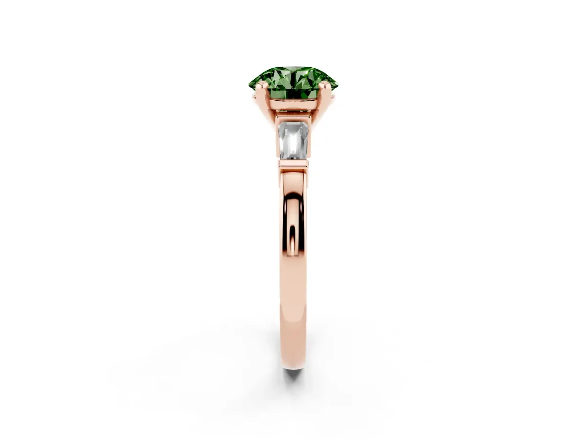 Fancy Green Round Cut Cut Diamond Solitaire Ring with Tapered Baguette Accents and Four-Prong Setting Rose gold