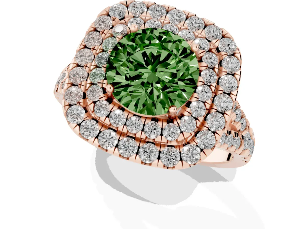 Fancy Green Double Halo Round Cut Diamond Pavé Split Shank Ring with Prong Setting Rose gold