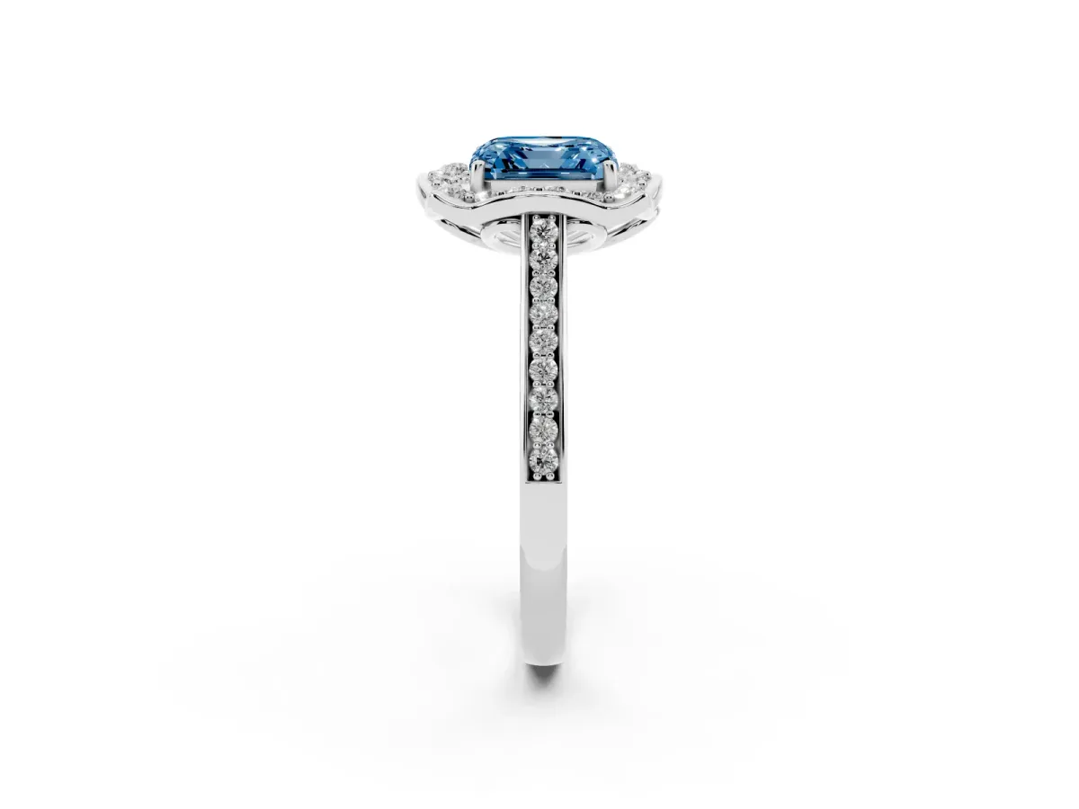 Fancy Blue Asscher Cut Halo Round Diamond Pave Band with Four-Prong Setting Silver