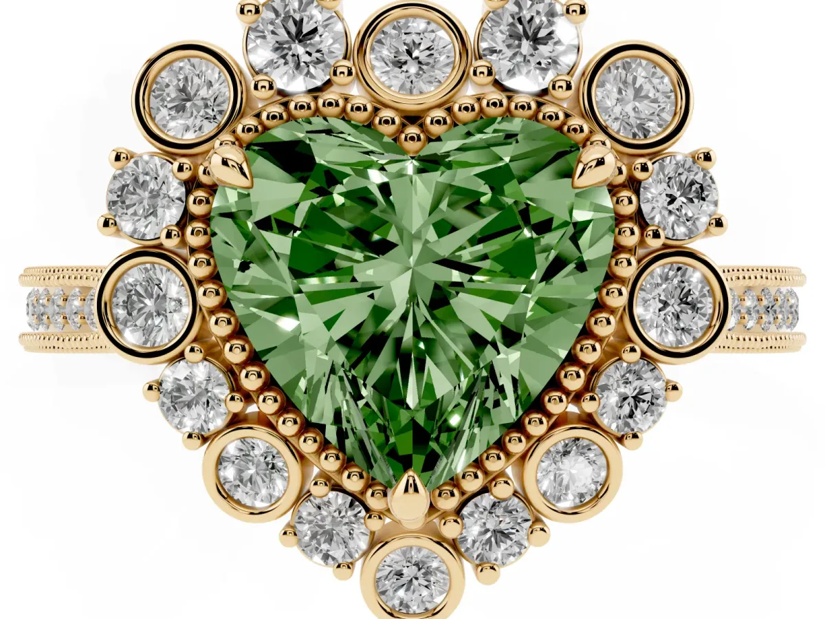 Fancy Green Heart Cut Halo Milgrain Pave Diamond Ring with Four-Prong Setting Yellow gold