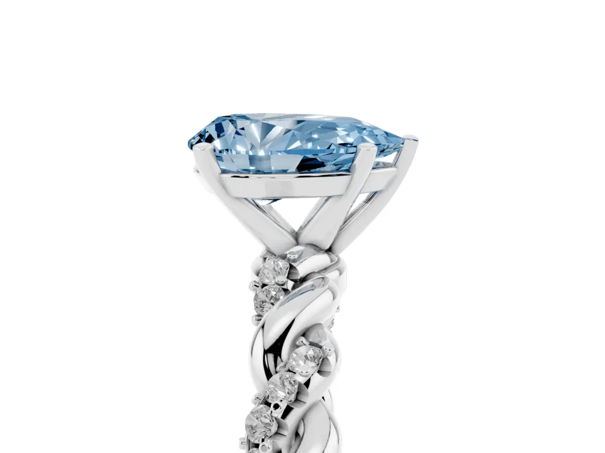 Fancy Blue Pear Cut Diamond Solitaire Ring with Twisted Band and Pavé Accents Silver