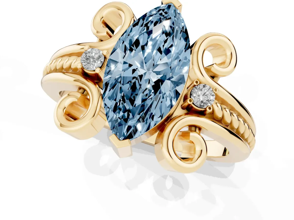 Fancy Blue Marquise Cut Solitaire Twisted Band Scroll Prong Ring Yellow gold