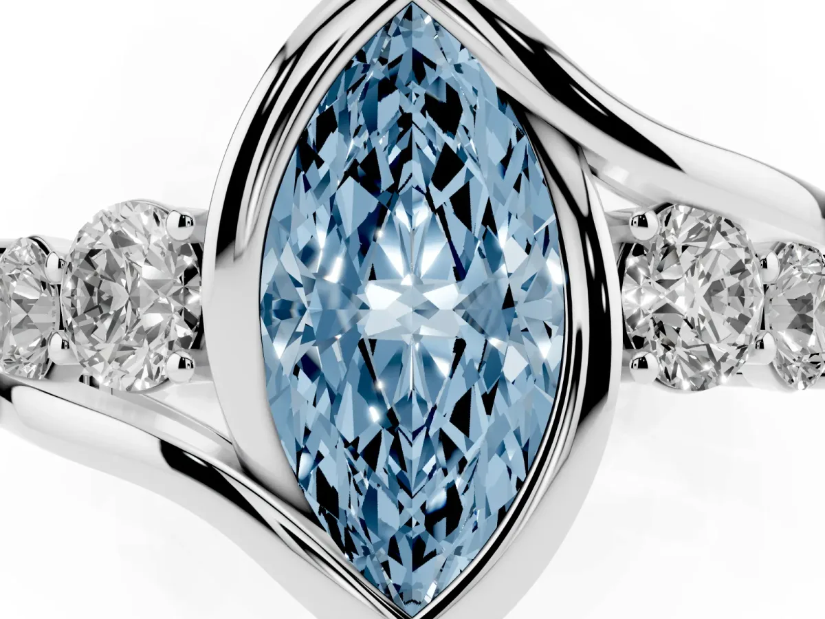 Fancy Blue Bezel Set Marquise Cut Diamond Bypass Ring with Round Accents Silver