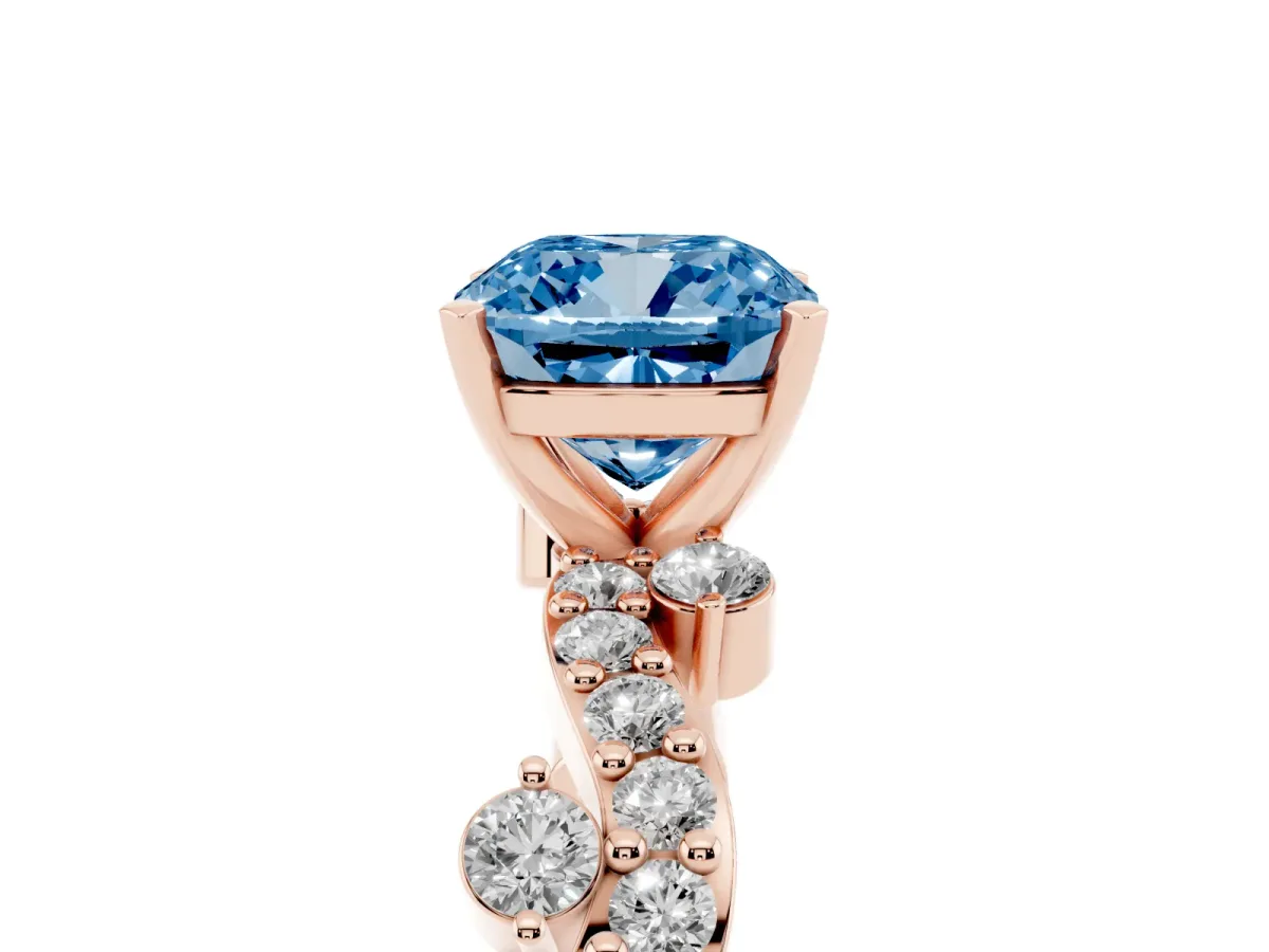 Fancy Blue Cushion Cut Cut Solitaire Diamond Twisted Band with Pave Setting Rose gold