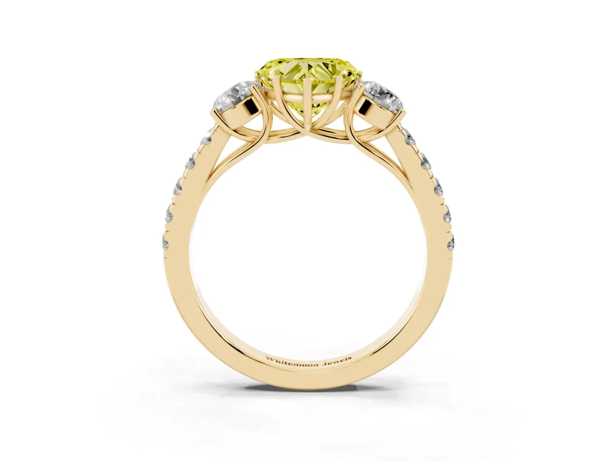 Fancy Yellow Heart Cut Cut Diamond Three-Stone Ring with Round Side Stones and Pavé Band Yellow gold