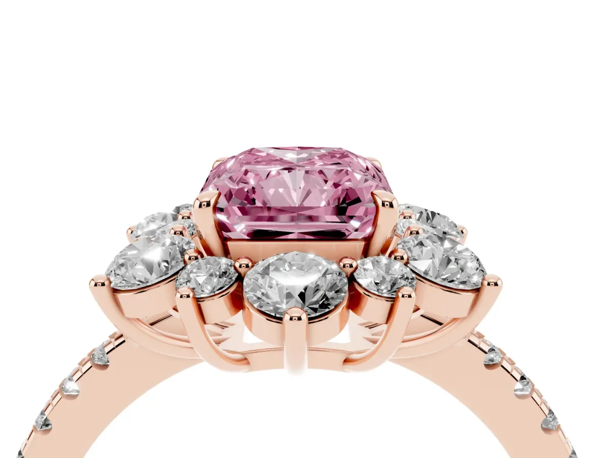Fancy Pink Radiant Cut Diamond Floral Halo Ring with Round Pavé Band and Prong Setting Rose gold