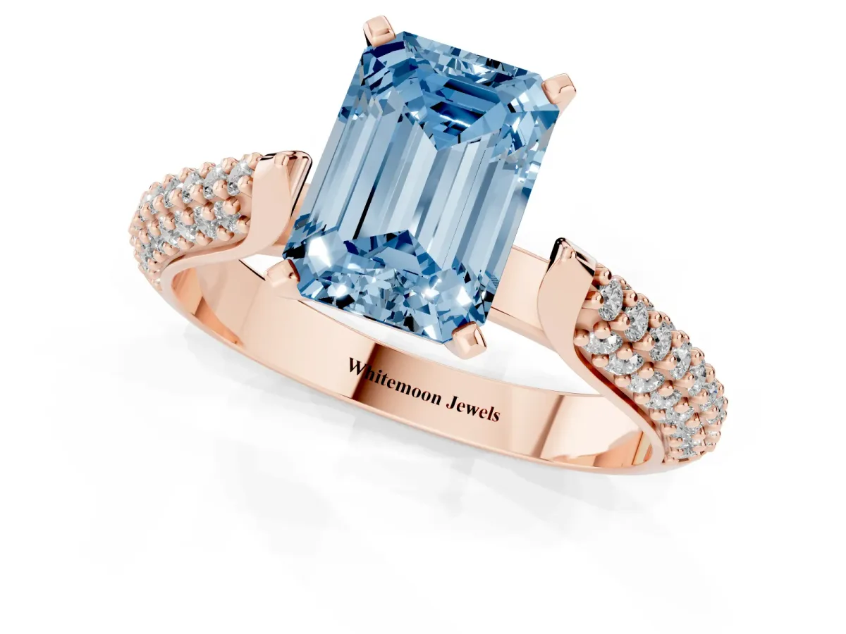 Fancy Blue Emerald Cut Diamond Solitaire Engagement Ring with Multi-Row Round Pavé Band and Prong Setting Rose gold