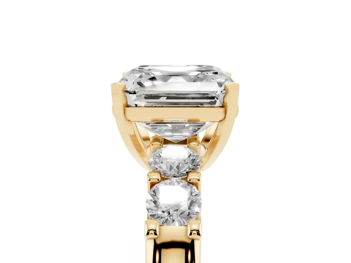Asscher Cut Brilliant Cut Diamond Five-Stone Prong Set Engagement Ring with Channel Band Yellow gold