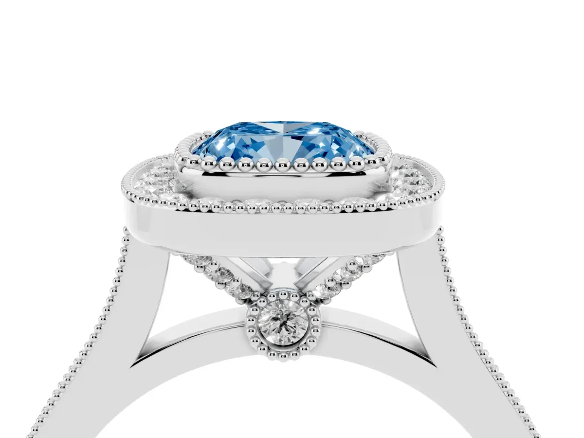 Fancy Blue Cushion Cut Diamond Halo Ring with Milgrain Frame and Pavé Band White gold