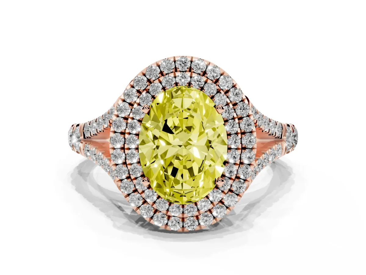 Fancy Yellow Double Halo Oval Cut Diamond Split Shank Engagement Ring with Four-Prong Setting Rose gold