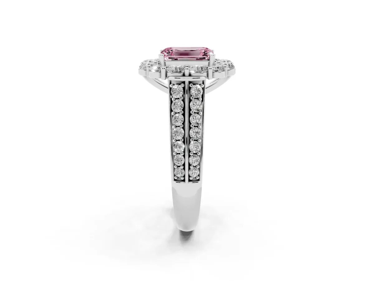 Fancy Pink Emerald Cut Halo Diamond Engagement Ring with Split Shank and Prong Setting Platinum