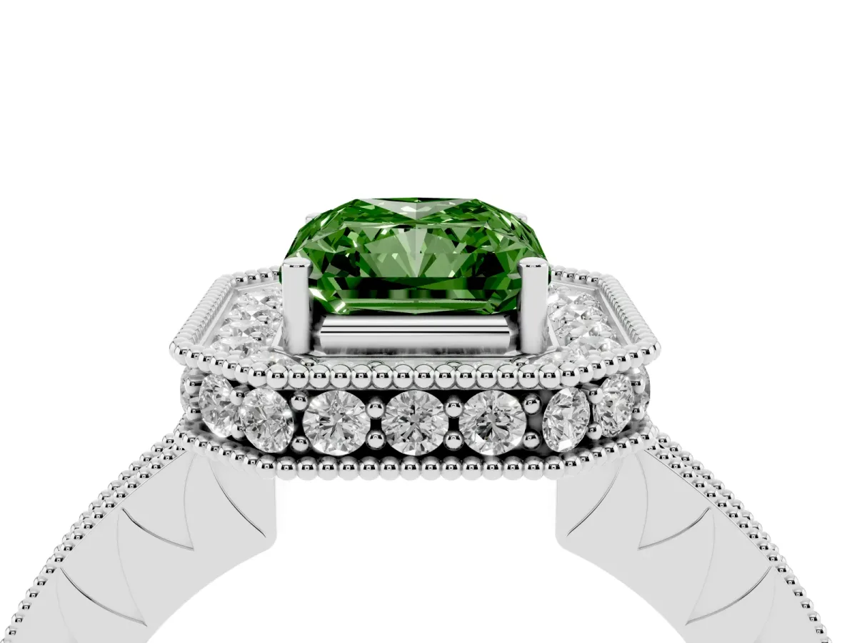 Fancy Green Radiant Cut Diamond Milgrain Halo Engagement Ring with Round Pavé Band and Prong Setting Platinum