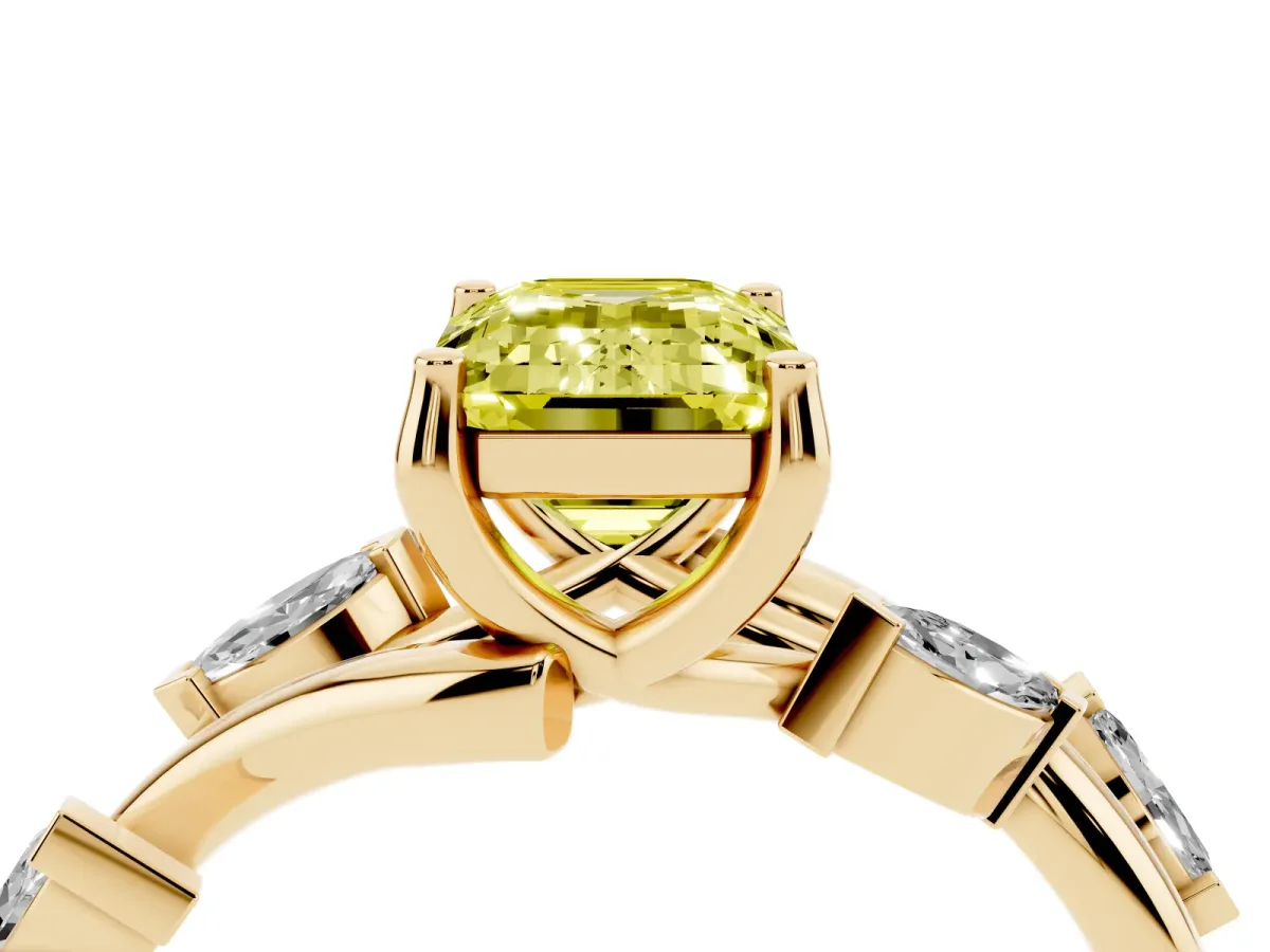 Fancy Yellow Emerald Cut Solitaire Twisted Band Marquise Accent Prong Setting Ring Yellow gold