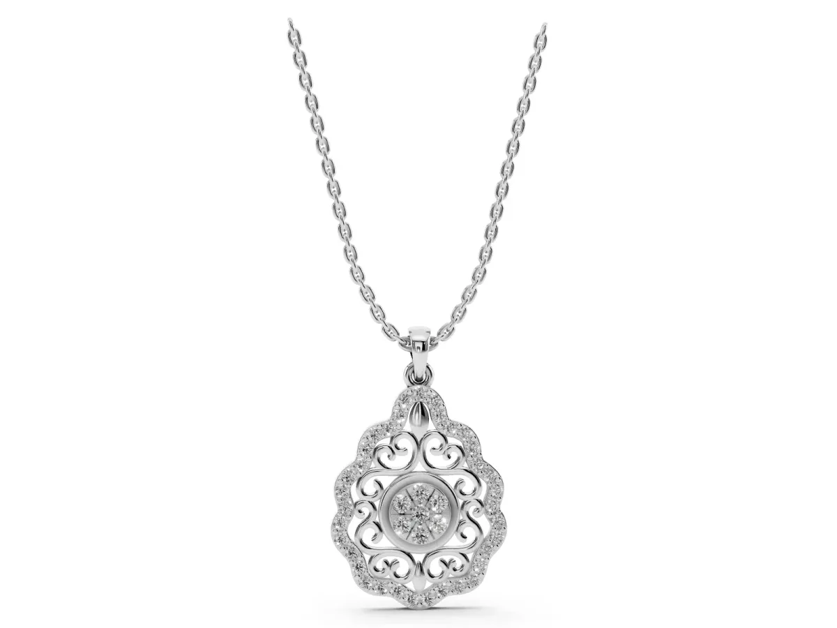 Round Diamond Halo Pendant with Filigree Design Silver