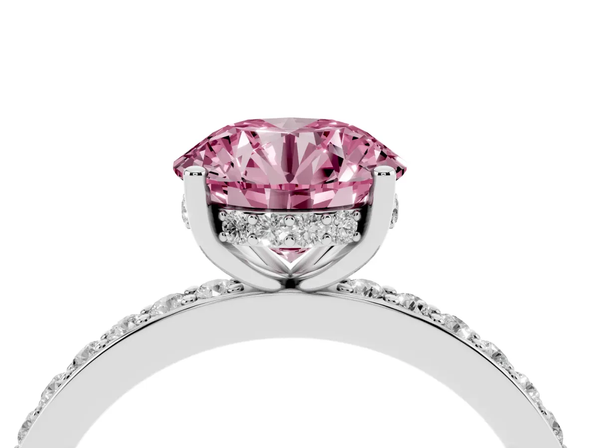 Fancy Pink Round Cut Cut Diamond Pavé Band Ring with Four-Prong Setting Silver