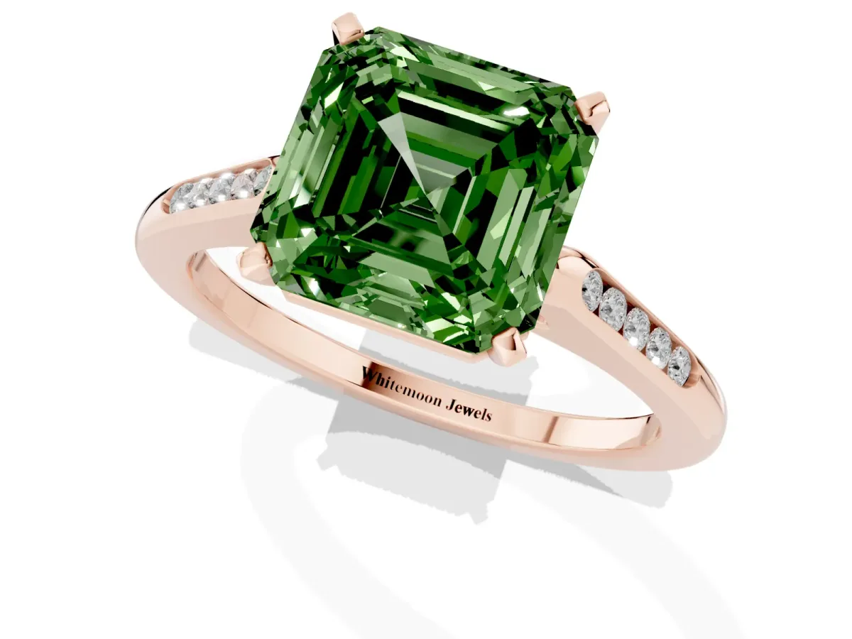 Fancy Green Asscher Cut Diamond Solitaire Ring with Channel Set Round Band and Prong Setting Rose gold