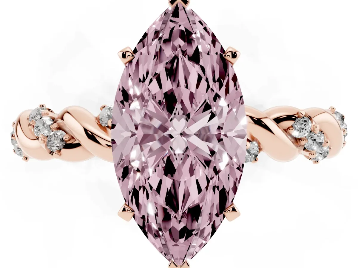 Fancy Pink Marquise Cut Diamond Solitaire Ring with Twisted Band and Pavé Accents Rose gold