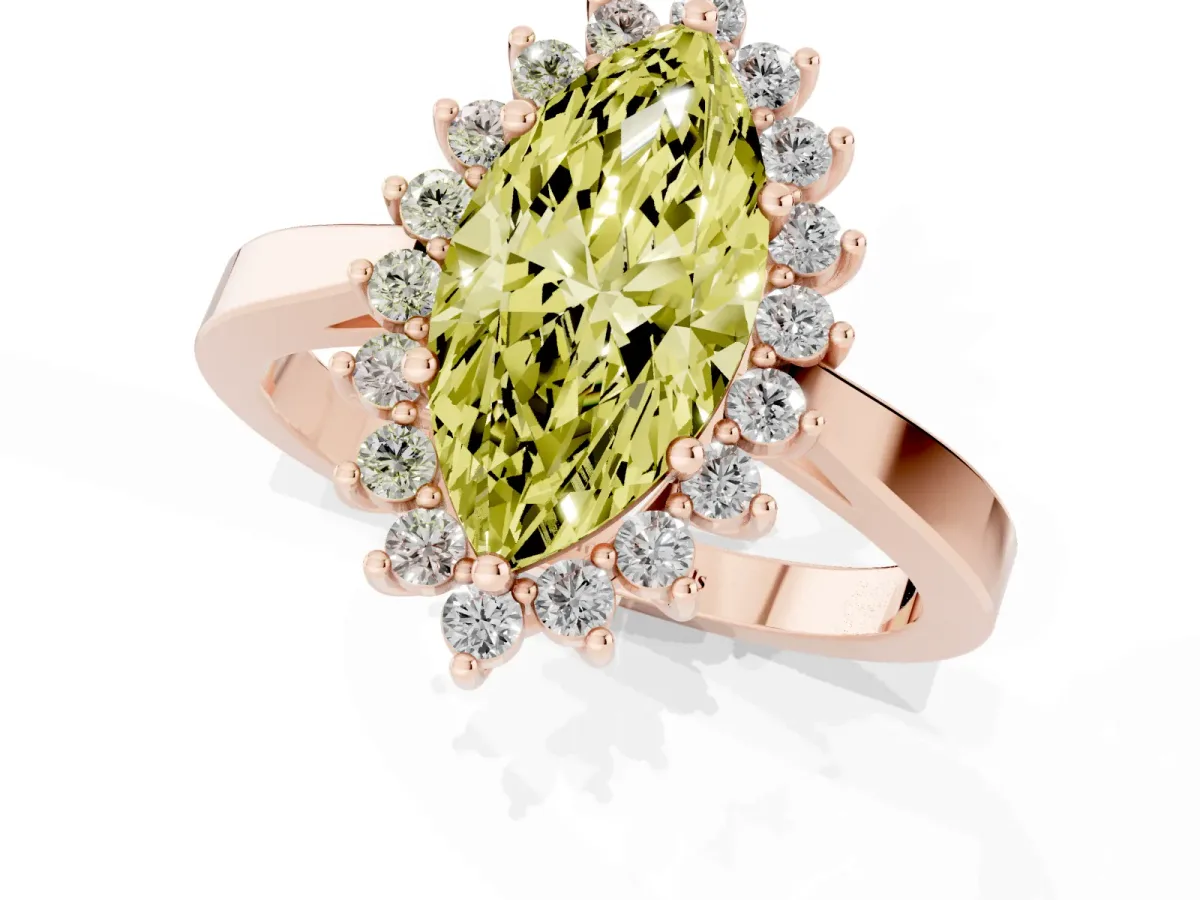 Fancy Yellow Marquise Cut Cut Diamond Halo Ring with Round Brilliant Halo and Solitaire Band Rose gold
