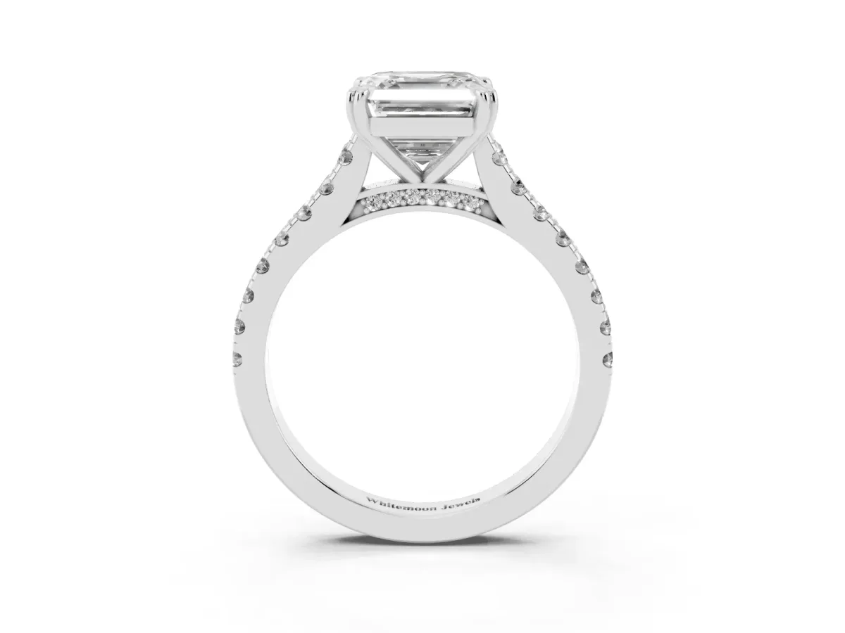 Asscher Cut Solitaire Pave Diamond Engagement Ring with Prong Setting Silver