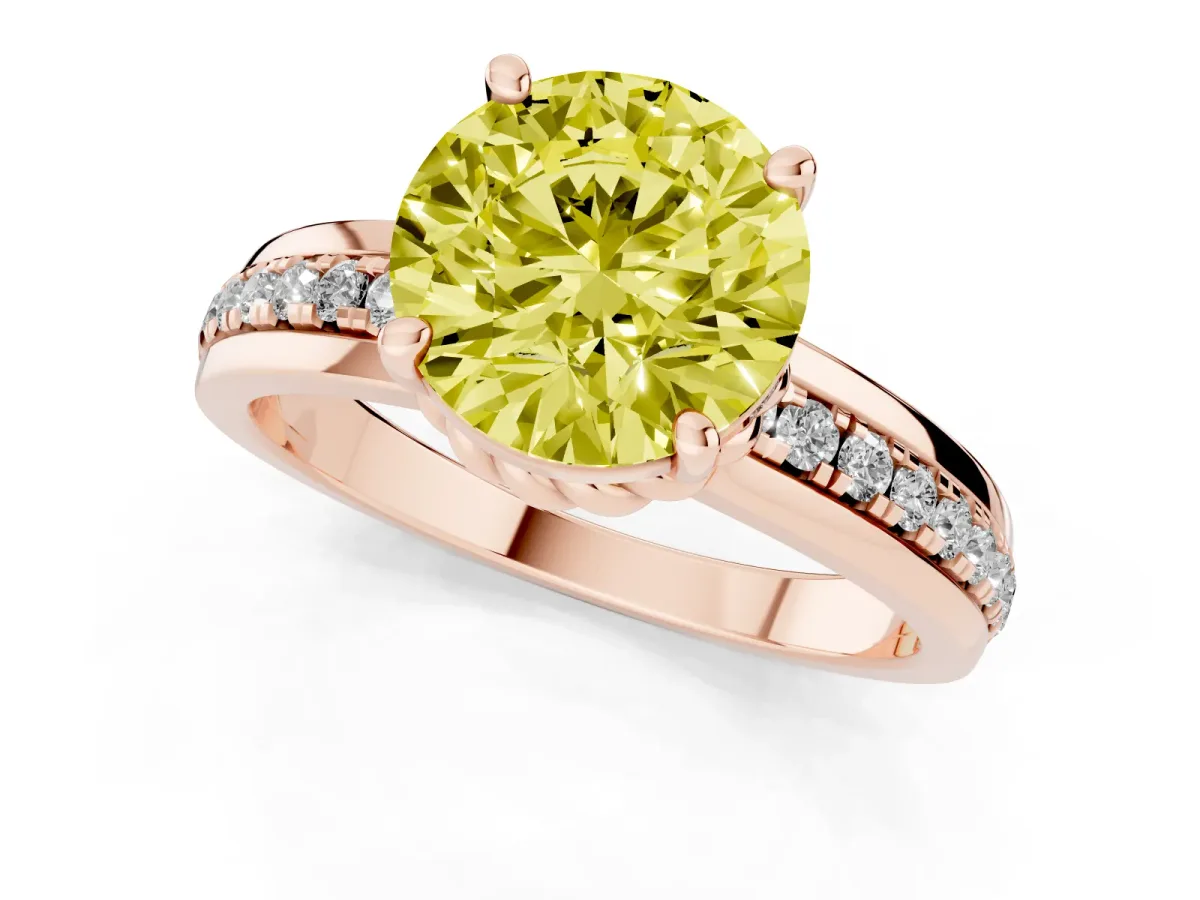 Fancy Yellow Round Cut Solitaire Diamond Ring with Channel Set Band and Six-Prong Setting Rose gold