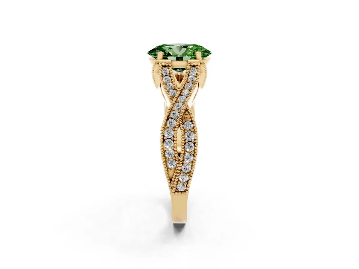 Fancy Green Oval Cut Cut Diamond Twisted Band with Milgrain Pave Setting and Four-Prong Setting Yellow gold