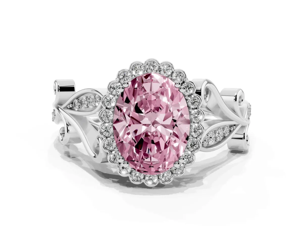 Fancy Pink Oval Cut Diamond Halo Ring with Vintage Split Shank and Four-Prong Setting Silver