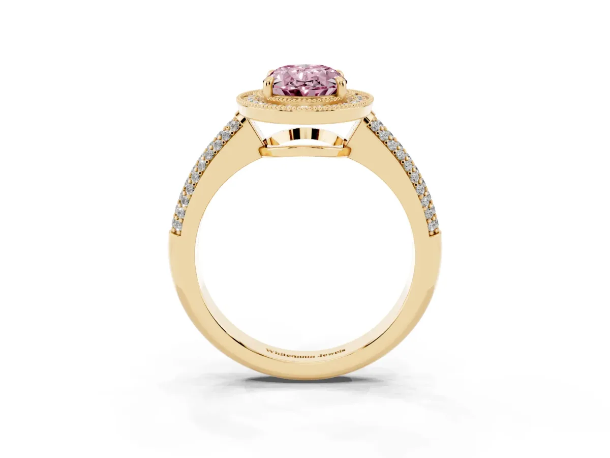 Fancy Pink Oval Cut Cut Halo Diamond Pave Band with Four-Prong Setting Yellow gold
