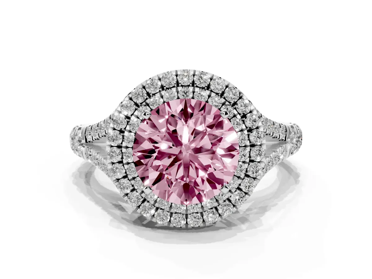 Fancy Pink Double Halo Round Cut Diamond Split Shank Engagement Ring with Four-Prong Setting Silver
