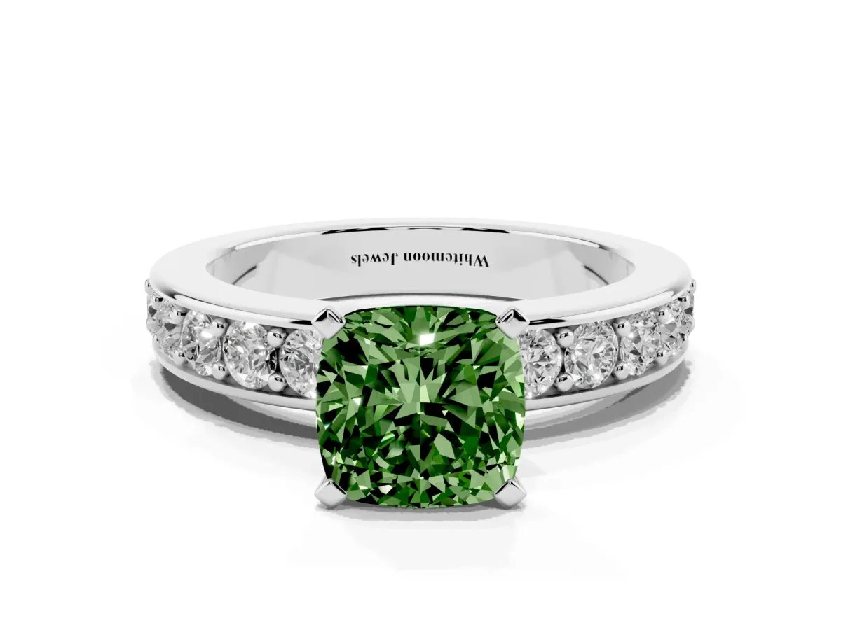 Fancy Green Cushion Cut Diamond Engagement Ring with Channel Set Round Band and Prong Setting Silver