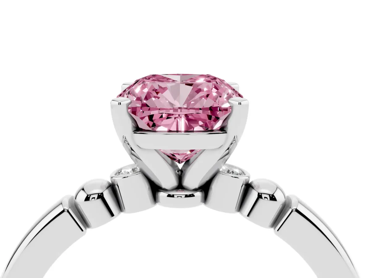 Fancy Pink Cushion Cut Solitaire Beaded Band with Four-Prong Setting Platinum