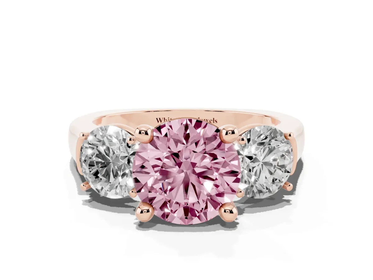 Fancy Pink Three-Stone Round Cut Brilliant Diamond Trellis Ring with Comfort Fit Band Rose gold