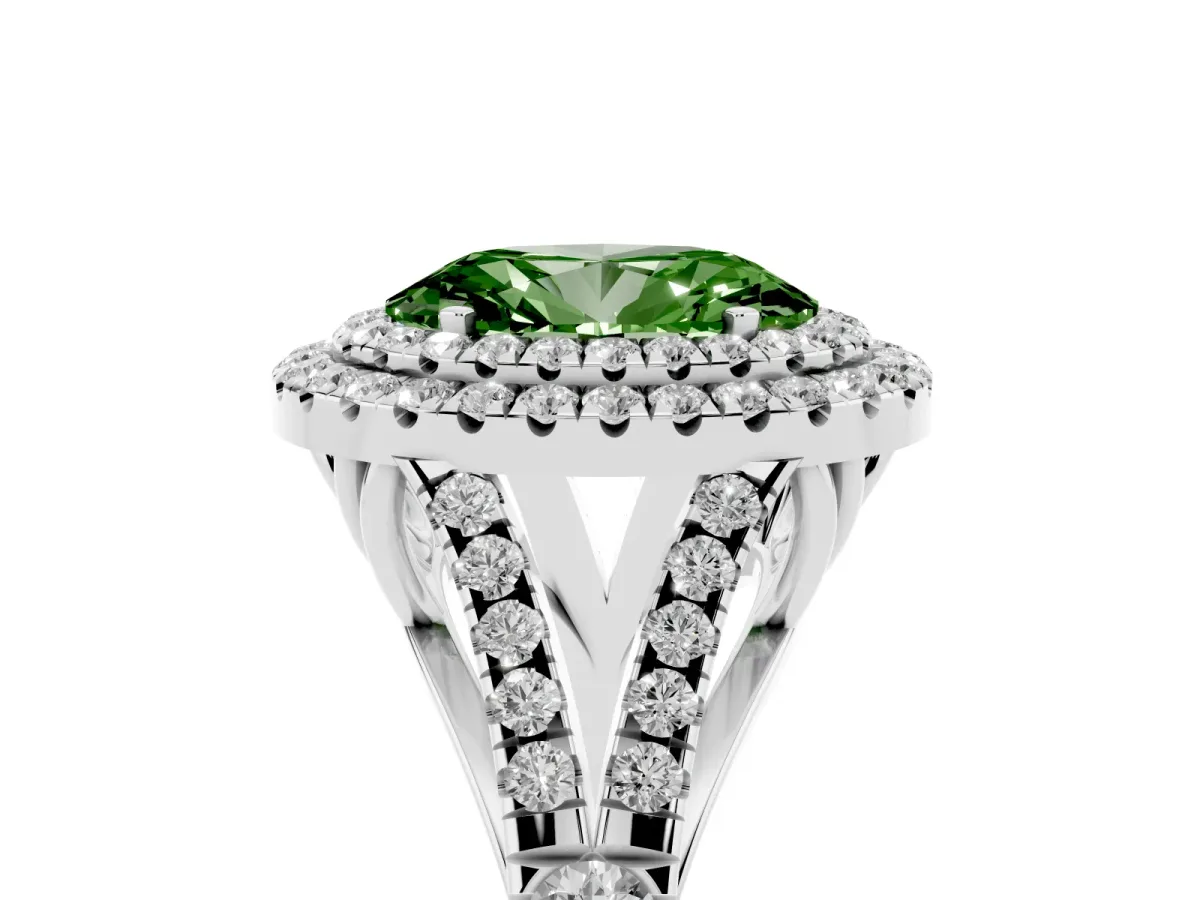 Fancy Green Oval Cut Diamond Pavé Split Shank Double Halo Engagement Ring Silver