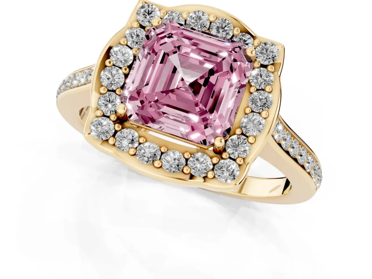Fancy Pink Asscher Cut Halo Round Diamond Pave Band with Four-Prong Setting Yellow gold