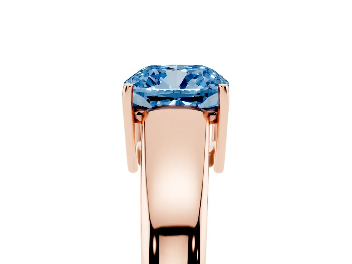 Fancy Blue Cushion Cut Solitaire Diamond Ring with Tapered Band and Four-Prong Setting Rose gold