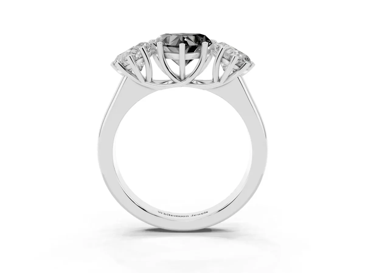 Fancy Black Heart Cut Three-Stone Diamond Ring with Prong Setting on a Classic Band Silver