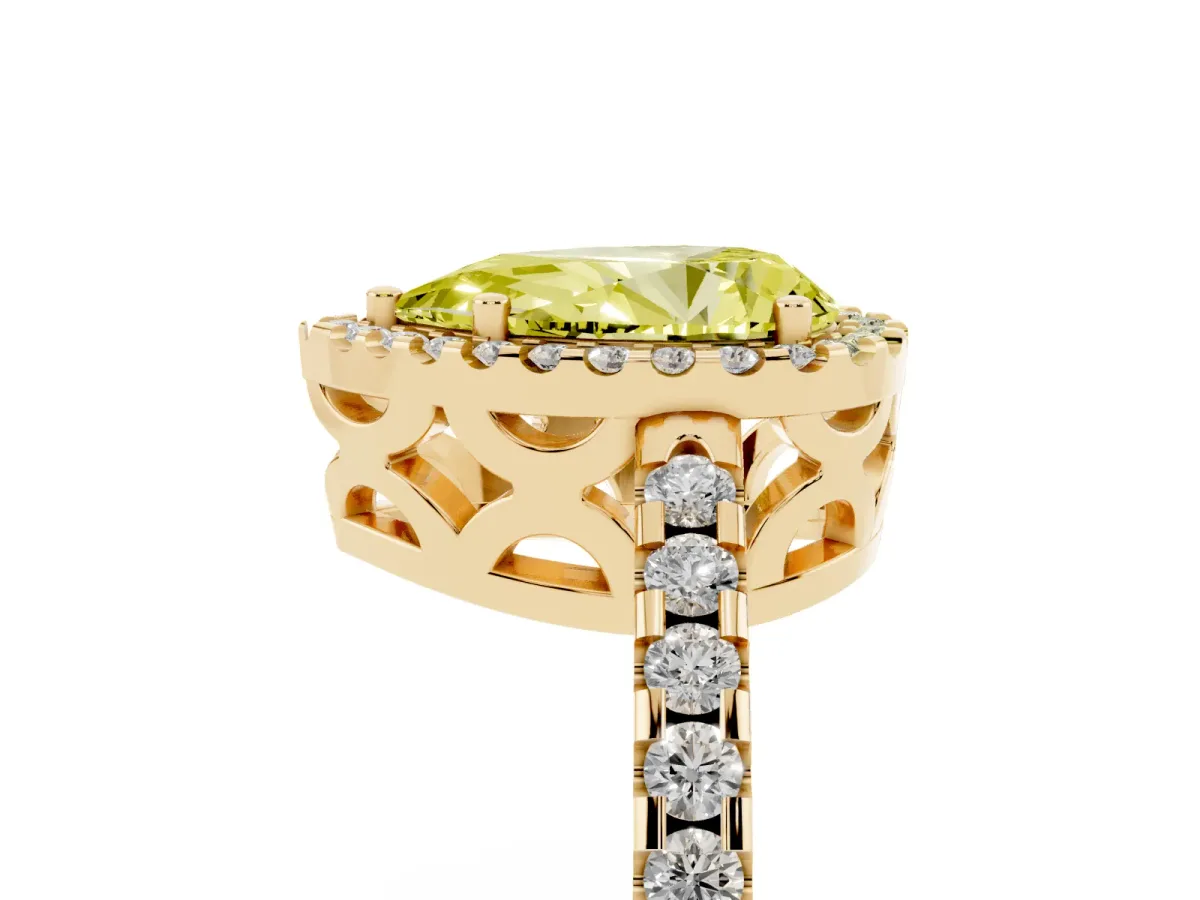 Fancy Yellow Pear Cut Diamond Halo Engagement Ring with Pavé Band and Prong Setting Yellow gold