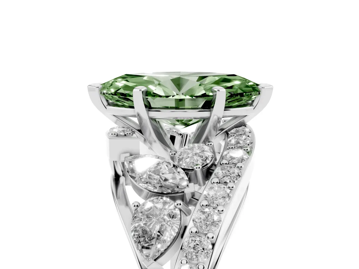 Fancy Green Marquise Cut Diamond Halo Ring with Marquise and Pavé Band in Prong Setting Platinum